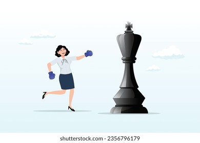 Businesswoman with boxing glove fight with big chess king, challenge and strategy to win business competition, tactic, skill and leadership to win rivalry battle, plan to knock out competitor (Vector)