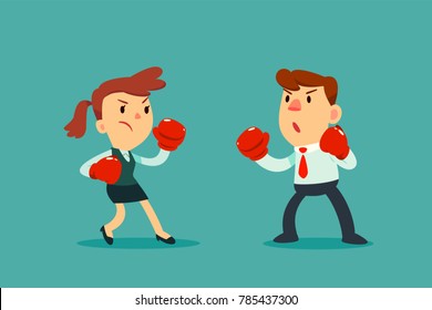 Businesswoman in boxing gloves fighting against businessman. Business competition concept.