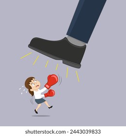 Businesswoman In Boxing Gloves Fighting Big Foot Giant Man. 
Small Business Fighting Big Business Concept.Flat, Vector, Illustration, Cartoon, EPS10.