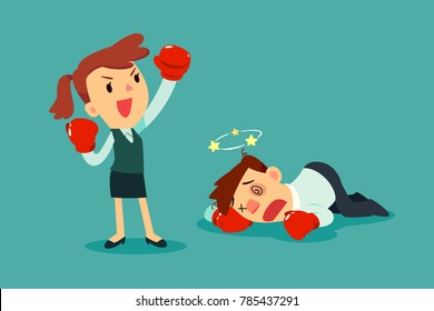 Businesswoman in boxing gloves won the fight against businessman. Business competition concept.