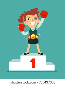 Businesswoman in boxing gloves won the fight and wearing championship belt on number one podium. Business concept.