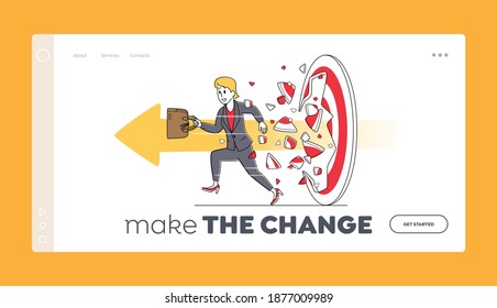 Businesswoman Breaking Through Huge Target Landing Page Template. Business Aim Mission, Challenge, Task Solution, Business Character Winner, Goals Achievement Concept. Linear Vector Illustration