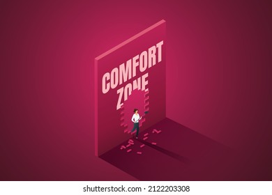 Businesswoman breaks a wall out of the comfort zone for self-development and motivation for progress Step into a new experience.  isometric vector illustration.