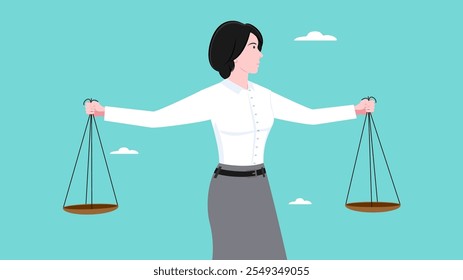 businesswoman with briefcase carries scales in his hands, Balance of principles, justice and honesty. Strong personality, mental attitudes. Entrepreneur and business ethics. Cartoon flat illustration