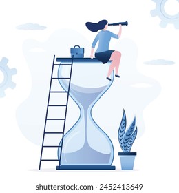 Businesswoman with briefcase looking in spyglass for opportunities. Entrepreneur sitting on hourglass and look up to target. Success, achievement, business vision career goal. Flat vector illustration