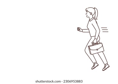 Businesswoman with briefcase in rush to work. Female employee or worker in hurry running to office. Meeting deadline and being on time. Vector illustration. 