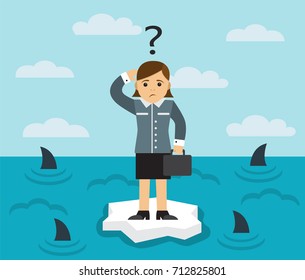 businesswoman with briefcase standing on an ice floe in the middle of the sea in which the fins of sharks seen