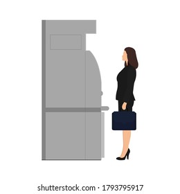 Businesswoman with briefcase stands near ATM, isolated on white background. Vector illustration in flat design