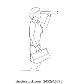 Businesswoman with briefcase and telescope. Strategic in looking for opportunity in business concept. Continuous line drawing. Vector illustration