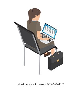 Businesswoman in brown dress sits on chair, near which stands briefcase, with laptop and types isolated on white, back view. Vector illustration of work process. Female cartoon faceless character.