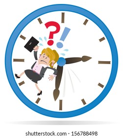 Businesswoman Buddy is Running out of Time. Vector illustration of a Businesswoman Buddy clearly very distressed as she is running out of time in her giant metaphorical clock. 