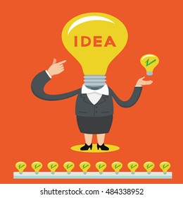 Businesswoman with bulb light head full of great ideas, vector illustration cartoon