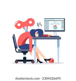 Businesswoman burnout concept. Energy-draining people for winding up. Exhausted from working a long time. Vector illustration cartoon flat design.