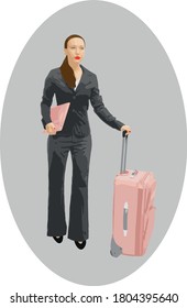 Businesswoman in business gray suit with laptop and suitcase in hands