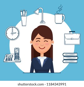 businesswoman with business set icons