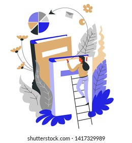 Businesswoman business and startup self education books and graphics vector brainstorming knowledge and education diagram graph textbooks work optimization career ladder creativity and management