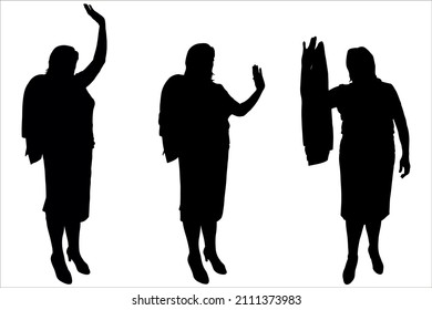 A businesswoman in a business suit holds a jacket on her shoulder with her hand, waves "Hello" with the other hand. Office worker, employee, teacher. Silhouettes isolated on white. Half-side view. 