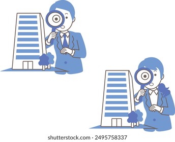 Businesswoman and businessman appraising a corporate building