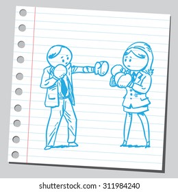 Businesswoman and businessman boxing