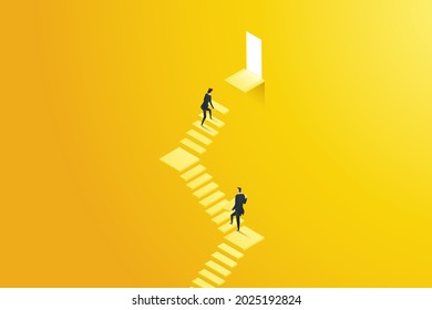 Businesswoman and businessman build a ladder to reach the goal of the top floor door. Teamwork to motivate success and ambition. Vector illustration.