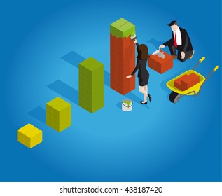 businesswoman and a businessman build together a three-dimensional diagram of the economic and financial growth with bricks and paint as a team of builders