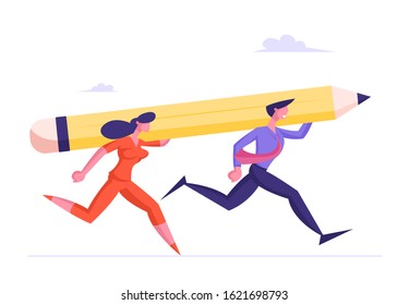 Businesswoman and Businessman Carry Huge Pencil on Shoulders Racing to Success. Business Competition, Creative Idea, Project Planning and Office Daily Routine Concept. Cartoon Flat Vector Illustration