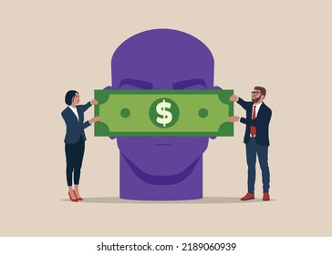 Businesswoman and businessman with cash money dollar banknote covering the eyes of a businessman. Bribery concept. 