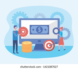 businesswoman and businessman with computer and target with arrow