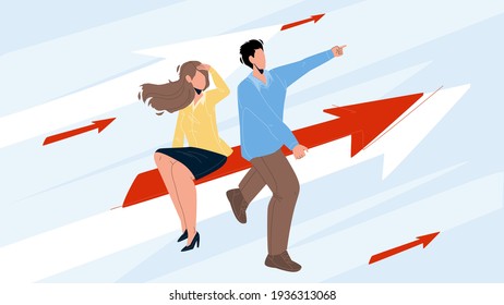 Businesswoman And Businessman Couple Aim Vector. Man And Woman Businesspeople Aim, Sitting On Arrow And Flying To Achievement Together. Characters Successful Business Flat Cartoon Illustration