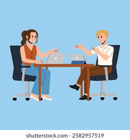 businesswoman and businessman discuss at desk while using tablet and laptop illustration