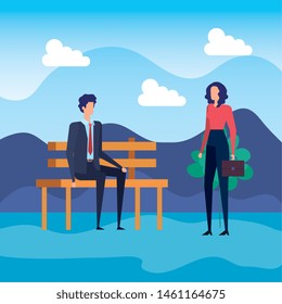 businesswoman and businessman with elegant clothes and suitcase
