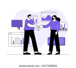 Businesswoman and businessman handshake, business partnership, Agreement, Contract, Deal, Handshake flat illustration, Welcome gesture, collaboration, agree on business partnership, greeting shake