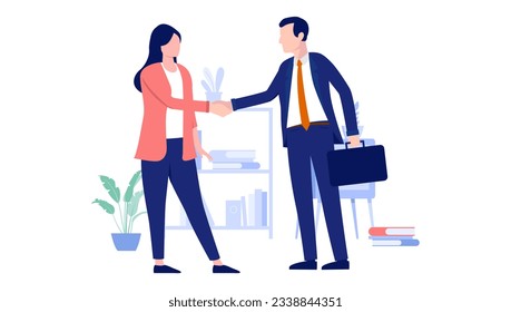 Businesswoman and businessman handshake - Man and woman shaking hands over deal and agreement in office. Flat design vector illustration with white background