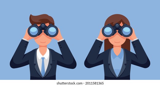 Businesswoman and businessman holding binoculars, searching for a job, Flat style isolated vector illustration