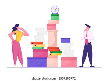 Businesswoman and Businessman Looking on Huge Pile of Documentation and Paper Documents Folders with Clock on Top Busy Office People Company Employees Deadline Stress. Cartoon Flat Vector Illustration