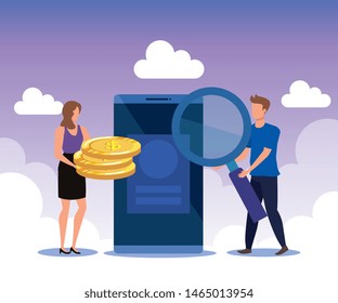 businesswoman and businessman with magnifying glass and coins