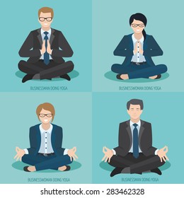 Businesswoman and businessman meditate, doing yoga, sitting in lotus position
