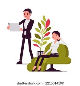 Businesswoman, Businessman, Office Business Group, Businesspeople. Healthy Organization, Good Work Environment, Climate And Culture, Workplace Wellness. Vector Creative Vibrant Botanical Illustration