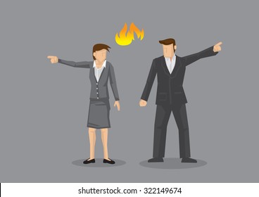 Businesswoman and businessman pointing in opposite direction with fire symbol between them. Vector illustration on disagreement concept isolated on grey background.