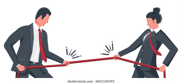 Empresaria y hombre de negocios Pull of Rope. Hombre y mujer tirón de la guerra y mirarse el uno al otro. Objetivo De Negocio, Rivalidad, Competencia, Conflicto. Logro, Objetivo Éxito. Ilustración vectorial plana