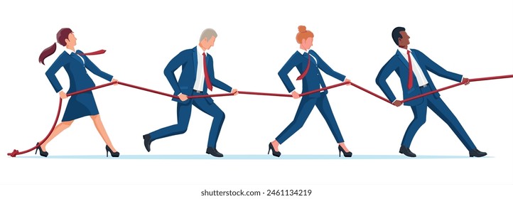 Empresaria y hombre de negocios Pull of Rope. Hombre y Mujer Tirón de la Guerra. Equipo Trabajo, Ayuda y Asistencia. Objetivo De Negocio, Rivalidad, Competencia, Conflicto. Logro, Objetivo Éxito. Ilustración vectorial plana