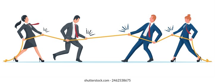 Empresaria y hombre de negocios Pull of Rope. Hombre y mujer tirón de la guerra y mirarse el uno al otro. Objetivo De Negocio, Rivalidad, Competencia, Conflicto. Logro, Objetivo Éxito. Ilustración vectorial plana