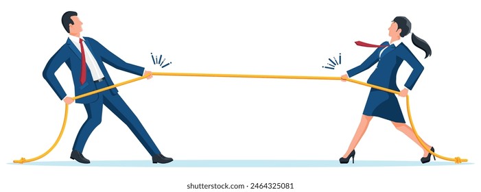 Empresaria y hombre de negocios Pull of Rope. Hombre y mujer tirón de la guerra y mirarse el uno al otro. Objetivo De Negocio, Rivalidad, Competencia, Conflicto. Logro, Objetivo Éxito. Ilustración vectorial plana