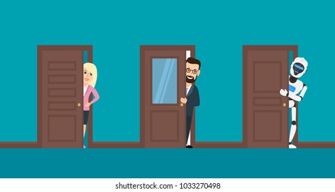 businesswoman businessman robot look out the open doors