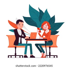 Businesswoman, businessman running meeting in office. Business gathering for clear agenda, professional relationships, efficient and effective talk. Vector creative vibrant botanical illustration