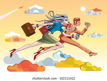 Businesswoman and businessman running  through psychedelic clouds.