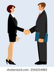 Businesswoman and businessman shaking hands. Agreement in business. Handshake of business partners. Successful cooperation, gender reconciliation in business. Flat style. Vector illustration.