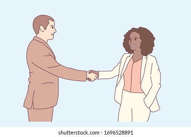 Businesswoman and businessman shaking hands. Concept business people communication. Flat hand drawn style vector illustration. Blue background.