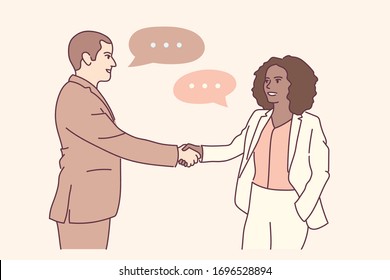 Businesswoman and businessman shaking hands. Concept business people communication. Flat hand drawn style vector illustration.