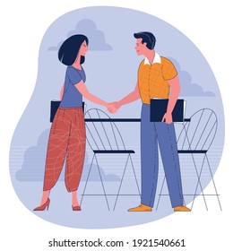 Businesswoman and businessman shaking hands. Concept business illustration. Young man and woman confirming the agreement, contract or partnership.